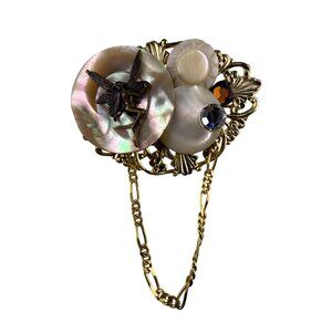 Vintage Gold Tone Filigree Fairy Brooch With Mother Of Pearl & Rhinestone